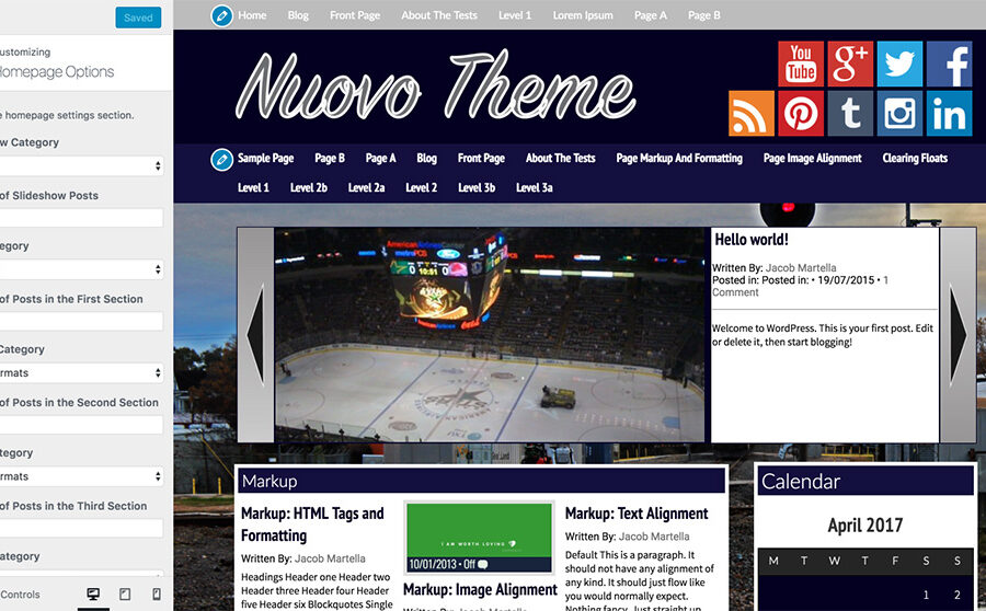 Homepage settings for the Nuovo WordPress template