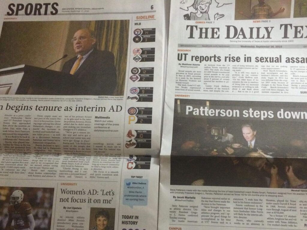 Newspaper articles about Texas athletic director Steve Patterson stepping down
