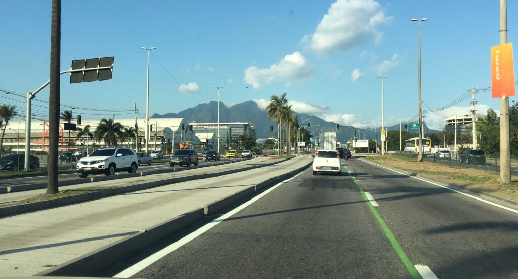 A street in Rio de Janeiro, Brazil, with mountains in the background