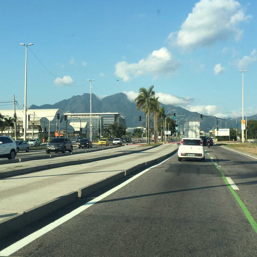 A street in Rio de Janeiro, Brazil, with mountains in the background