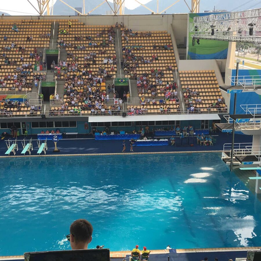 Inside the outdoor diving stadium in the Olympic Park in Rio de Janeiro, Brazil
