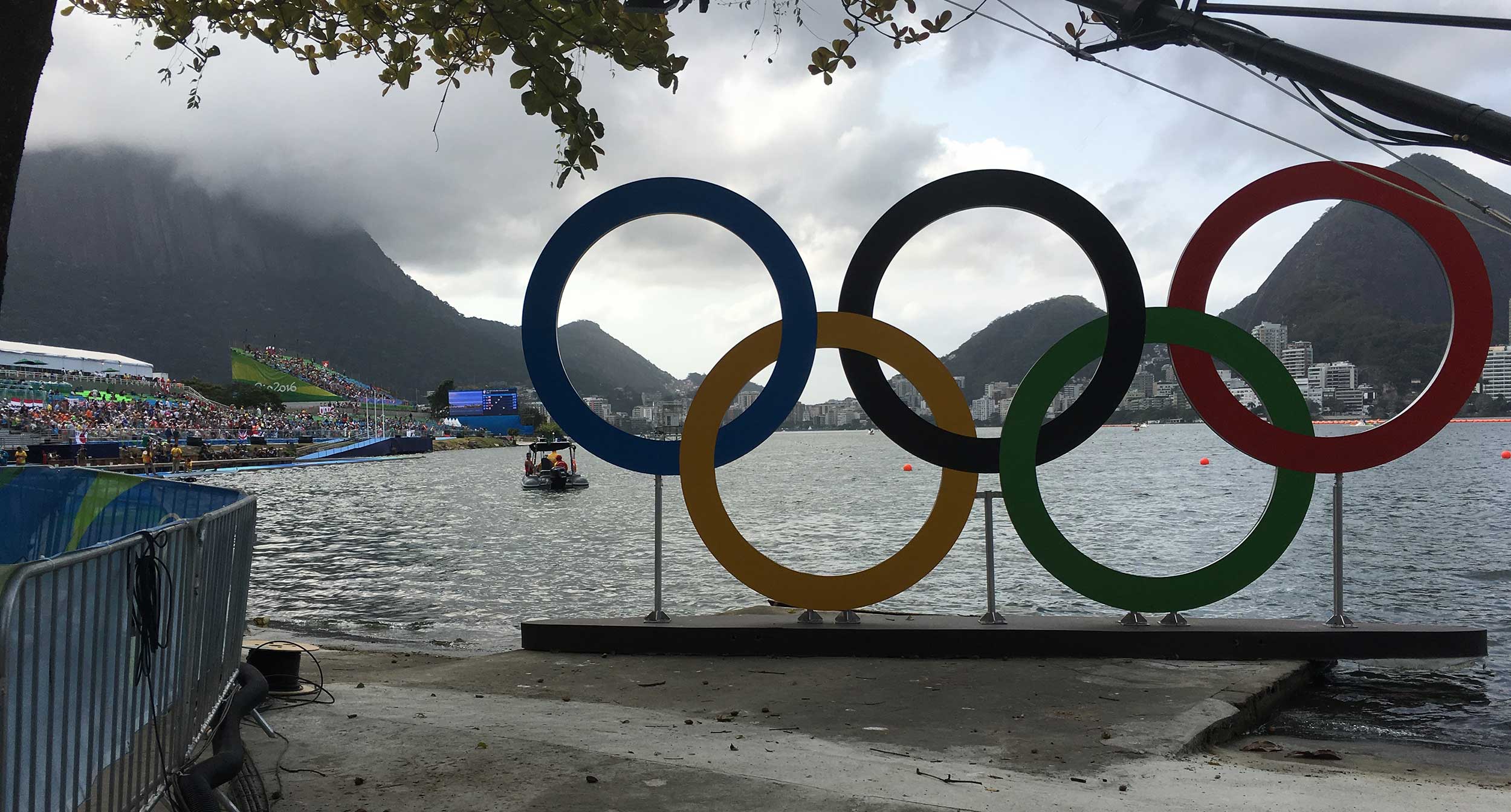 The Olympic rings next to the lake for rowing in Rio de Janeiro