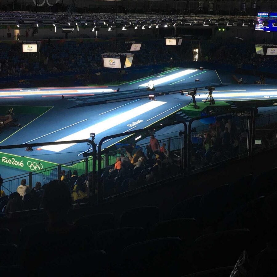 inside the fencing arena in the Olympic Park in Rio de Janeiro, Brazil