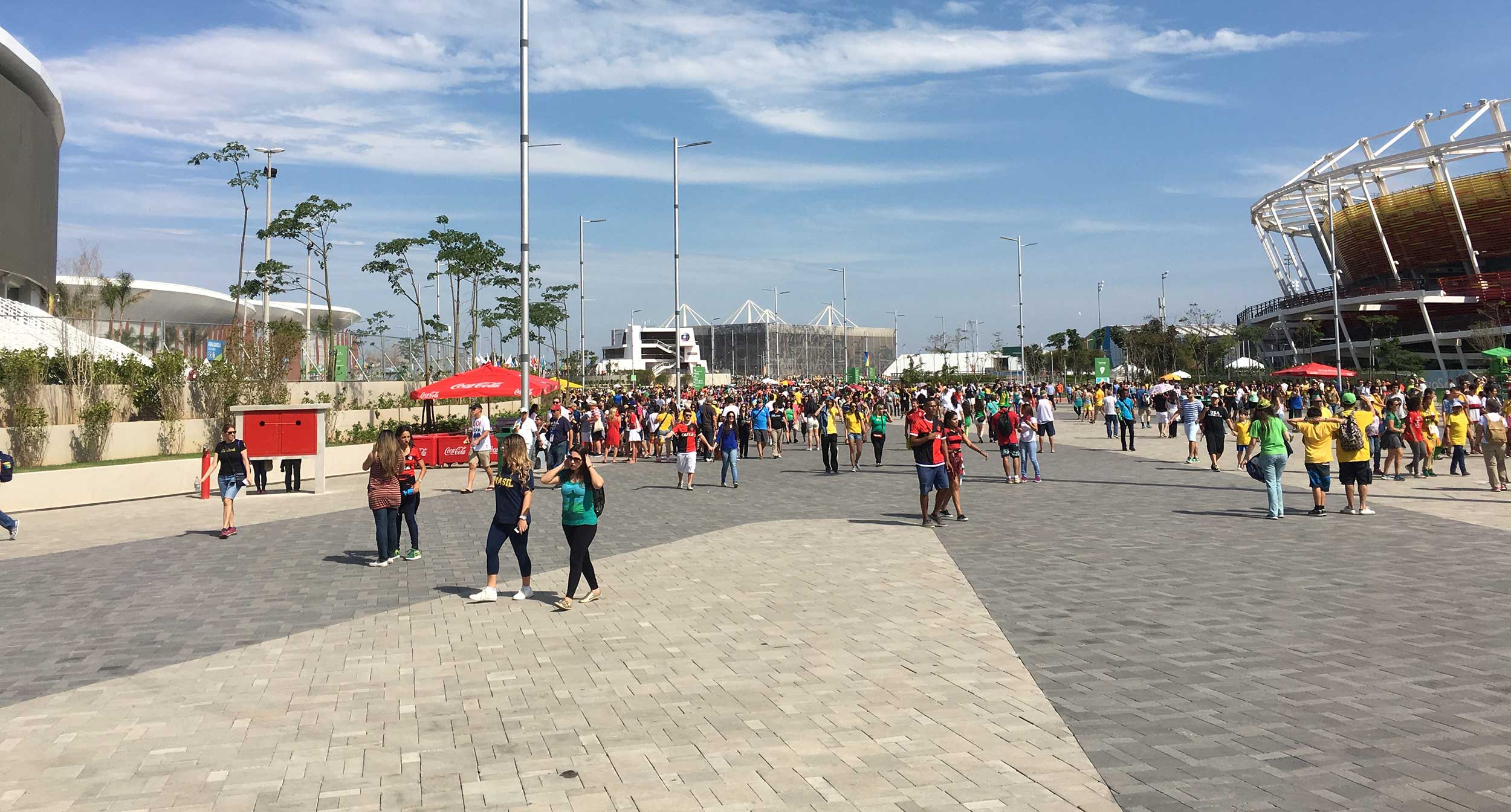 People walk in the Olympic Park in Rio de Janeiro