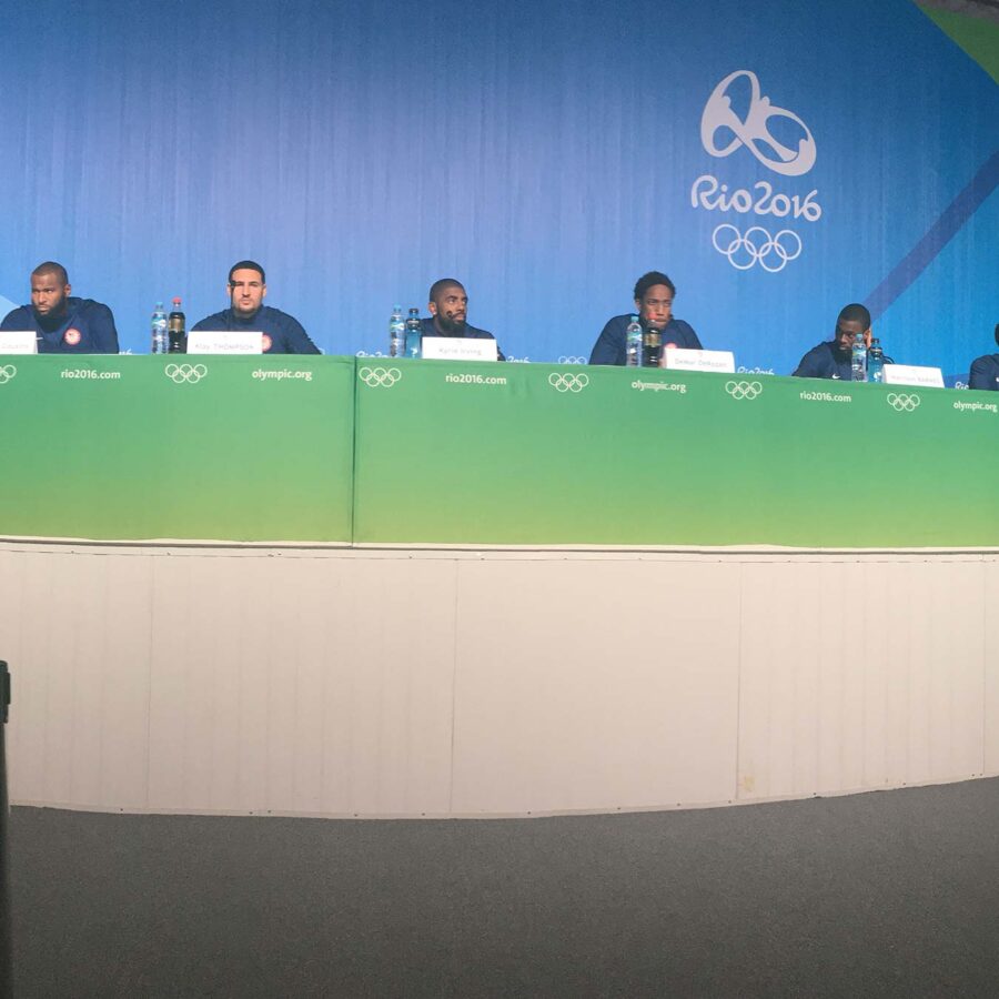 Members of the U.S. men's basketball team at a press conference in Rio de Janeiro
