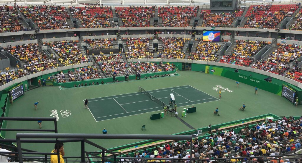 A look inside the tennis stadium in the Olympic Park in Rio de Janeiro, Brazil