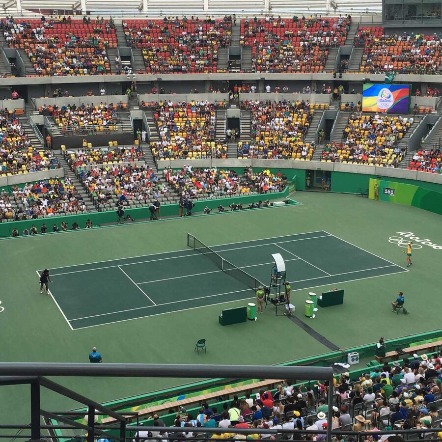 A look inside the tennis stadium in the Olympic Park in Rio de Janeiro, Brazil
