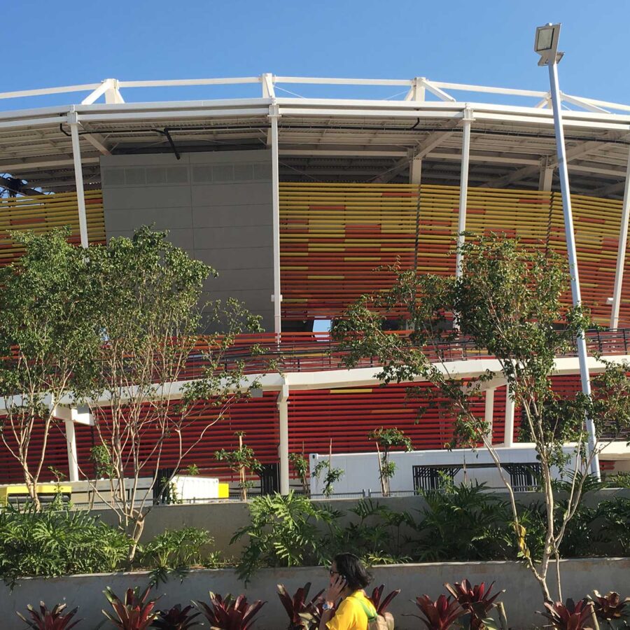 The outside of the tennis stadium in the Olympic Park in Rio de Janeiro, Brazil