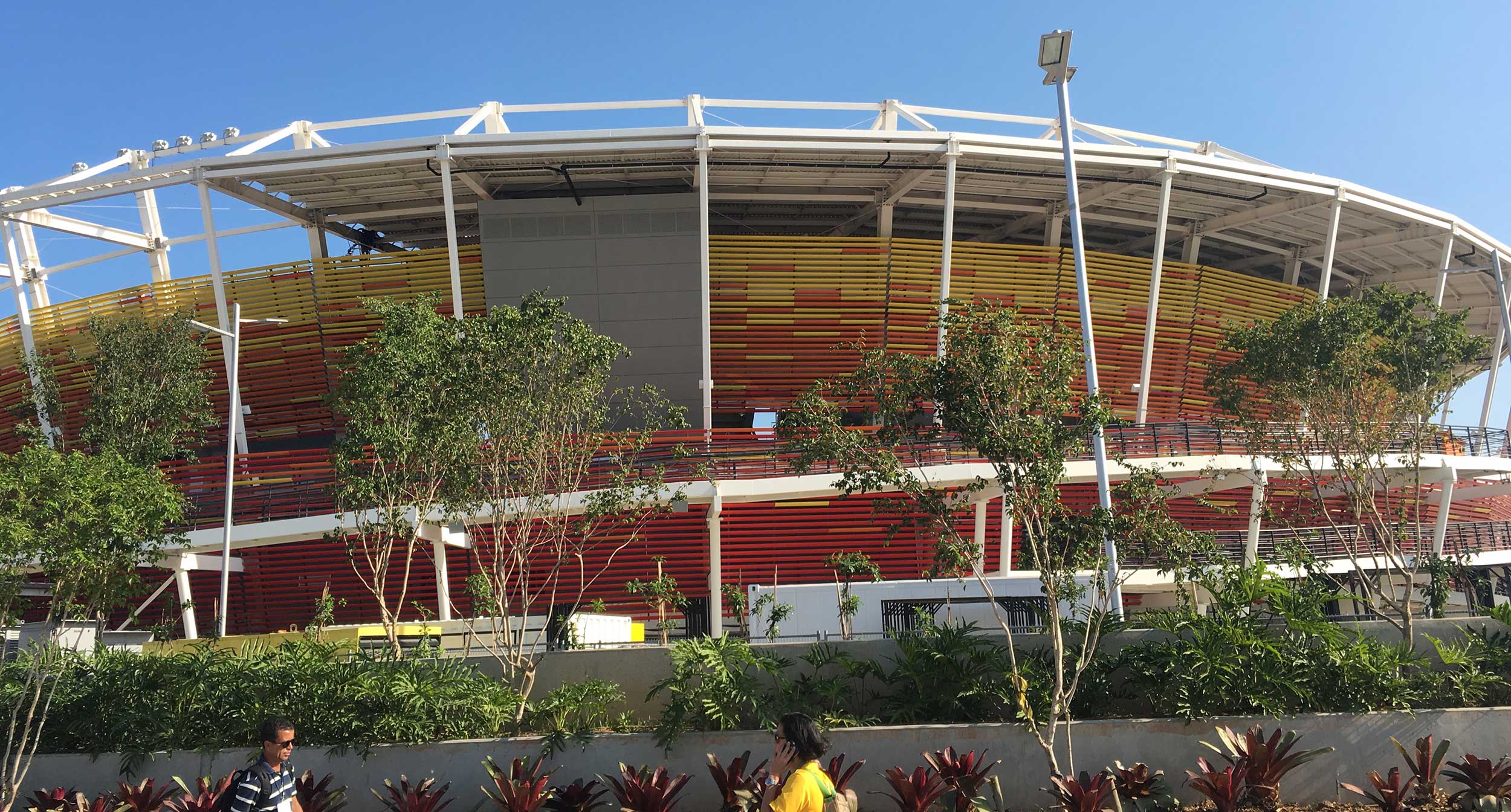 The outside of the tennis stadium in the Olympic Park in Rio de Janeiro, Brazil