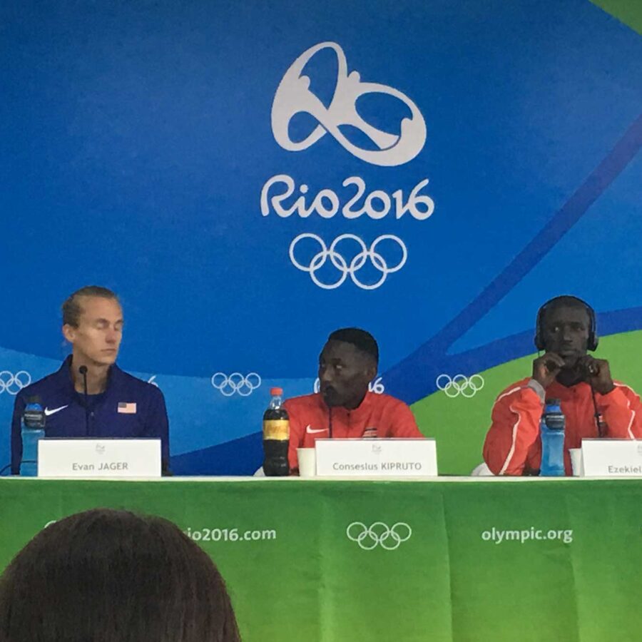 The medalists for the men's 3500 meter steeplechase in a press conference