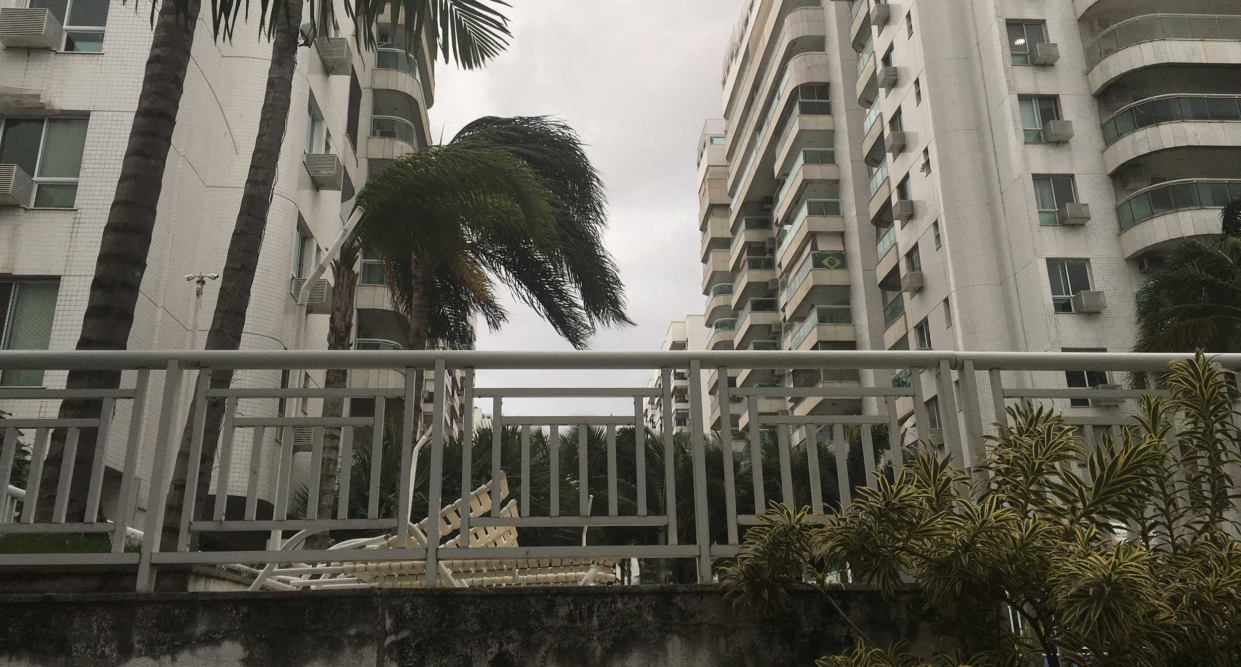 Palm trees bend in the wind at an apartment complex in Rio de Janeiro, Brazil
