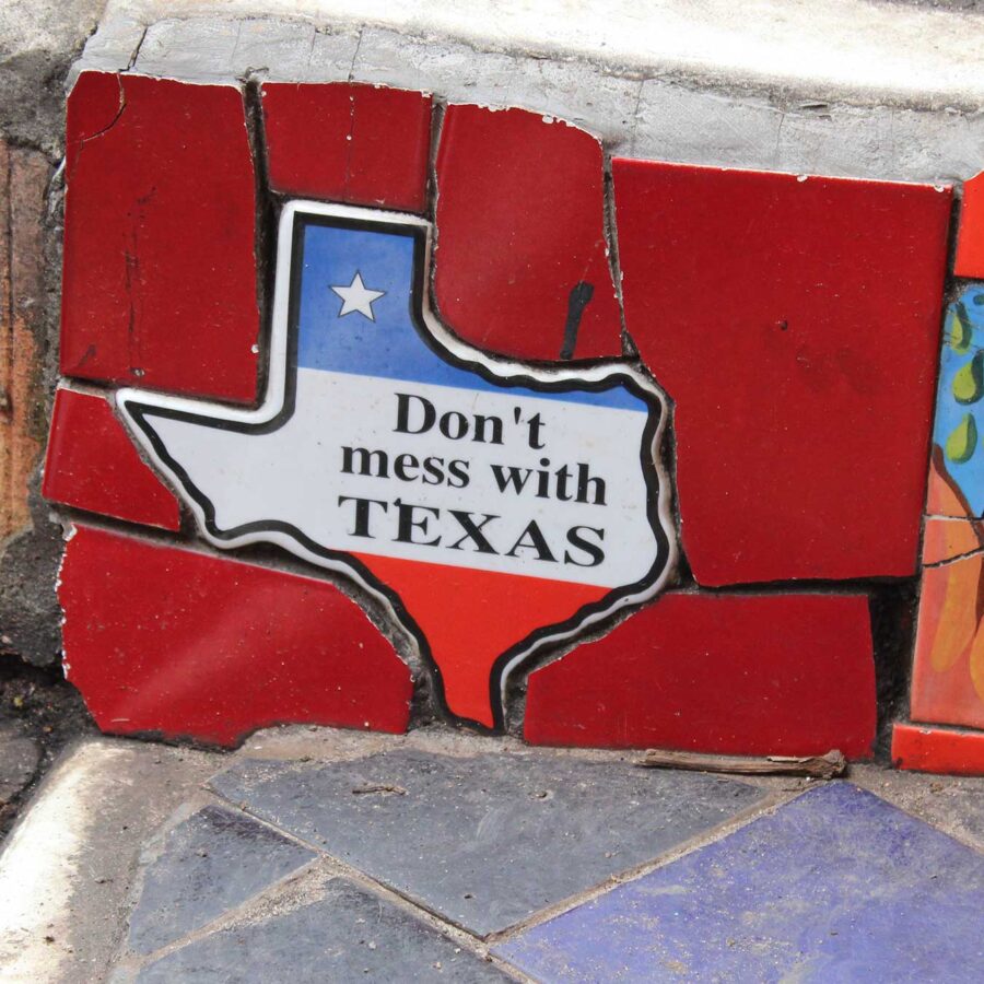 A Texas-shaped Don't Mess With Texas tile on the Escadaria Selarón in Rio de Janeiro, Brazil