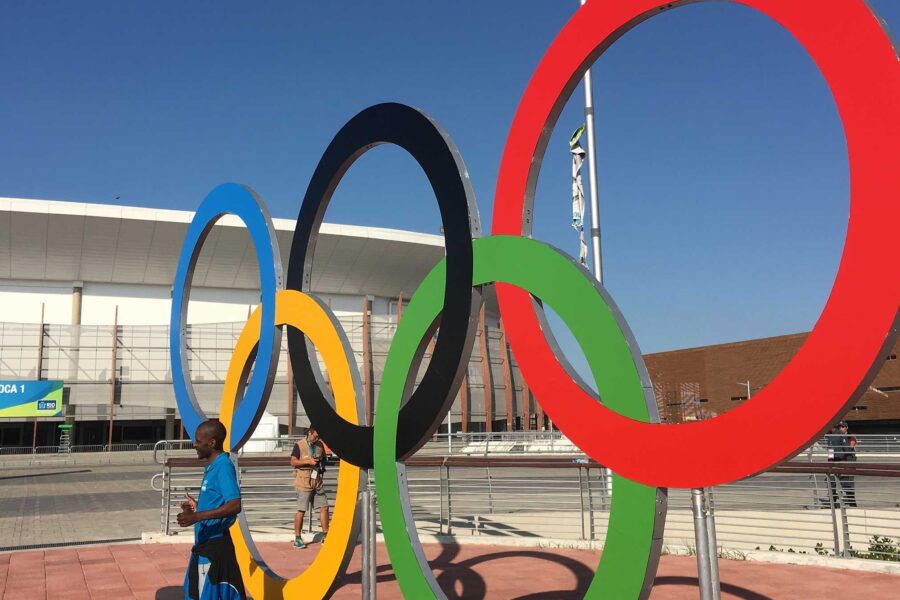 The Olympic rings inside of the Olympic Park in Rio de Janeiro, Brazil