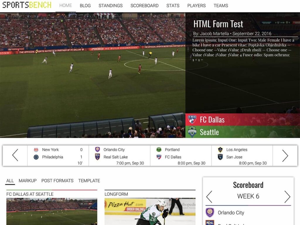 A screenshot of a the sports bench demo site homepage