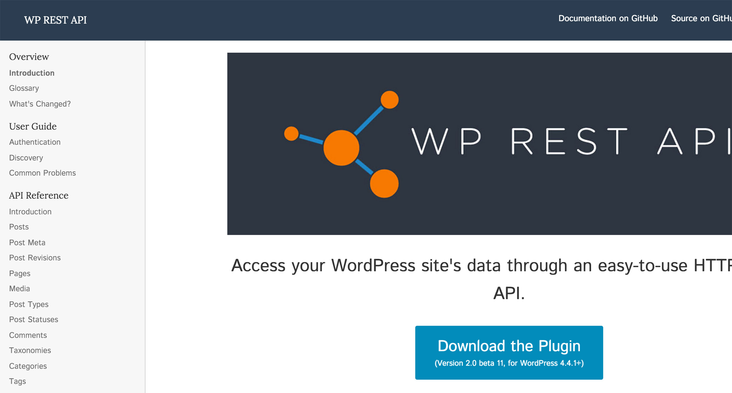 Screenshot of the WP REST API handbook homepage