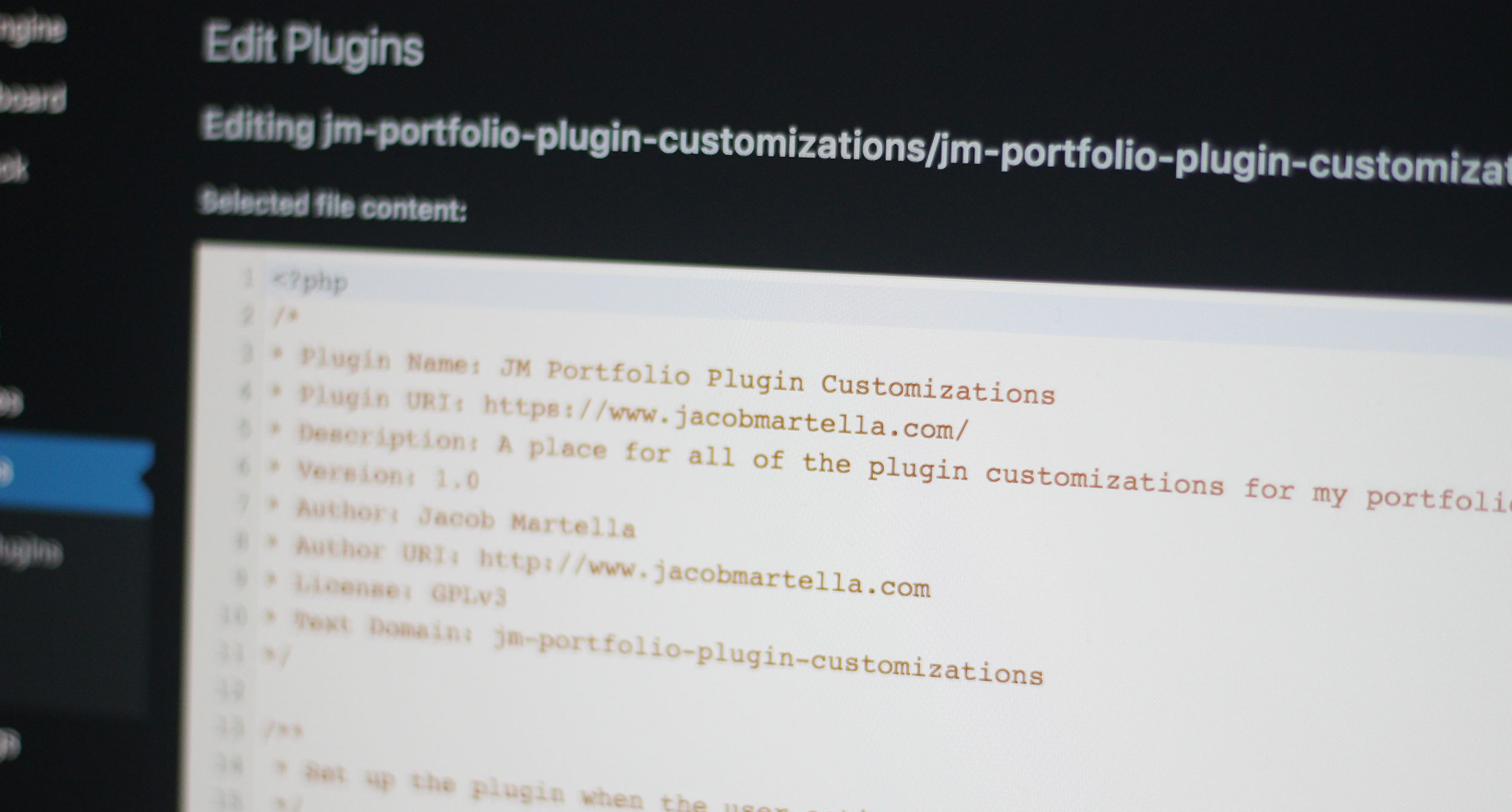 Screenshot of the edit plugin file screen in the WordPress admin