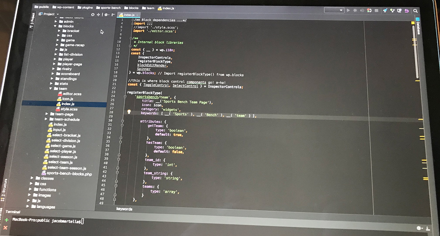 Screenshot of laptop with code for building a custom Gutenberg block