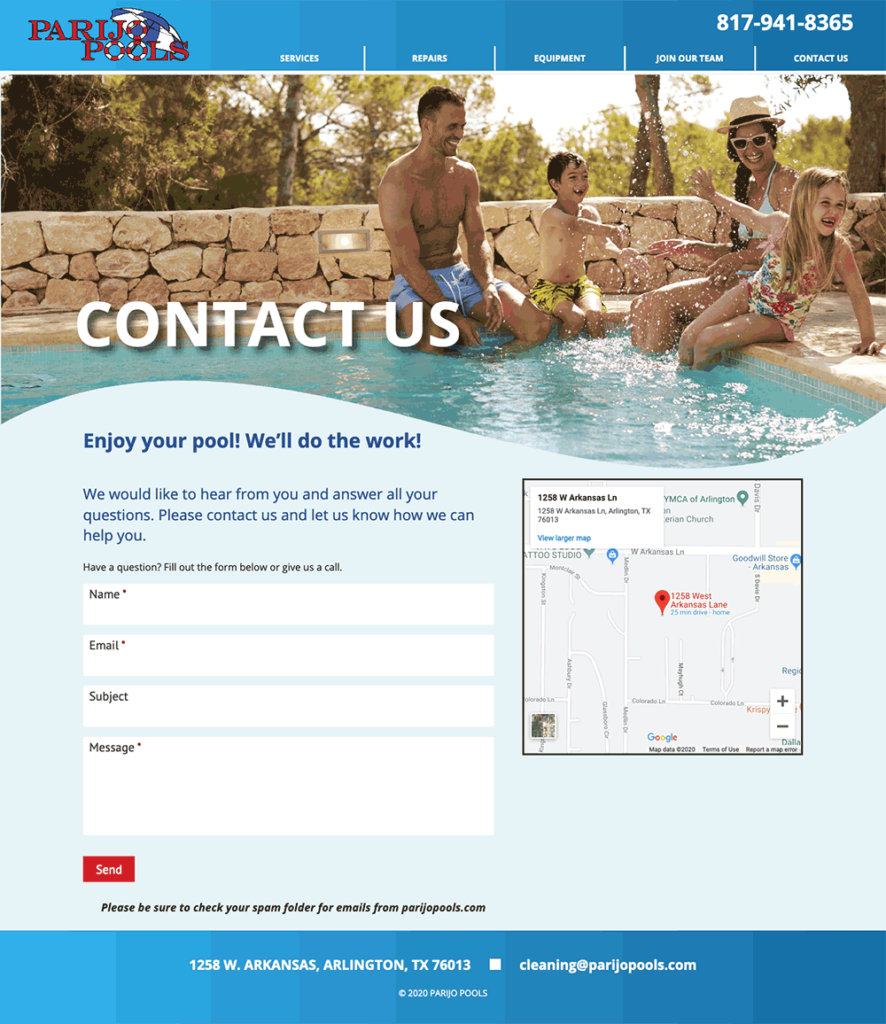 Contact page for Parijo Pools