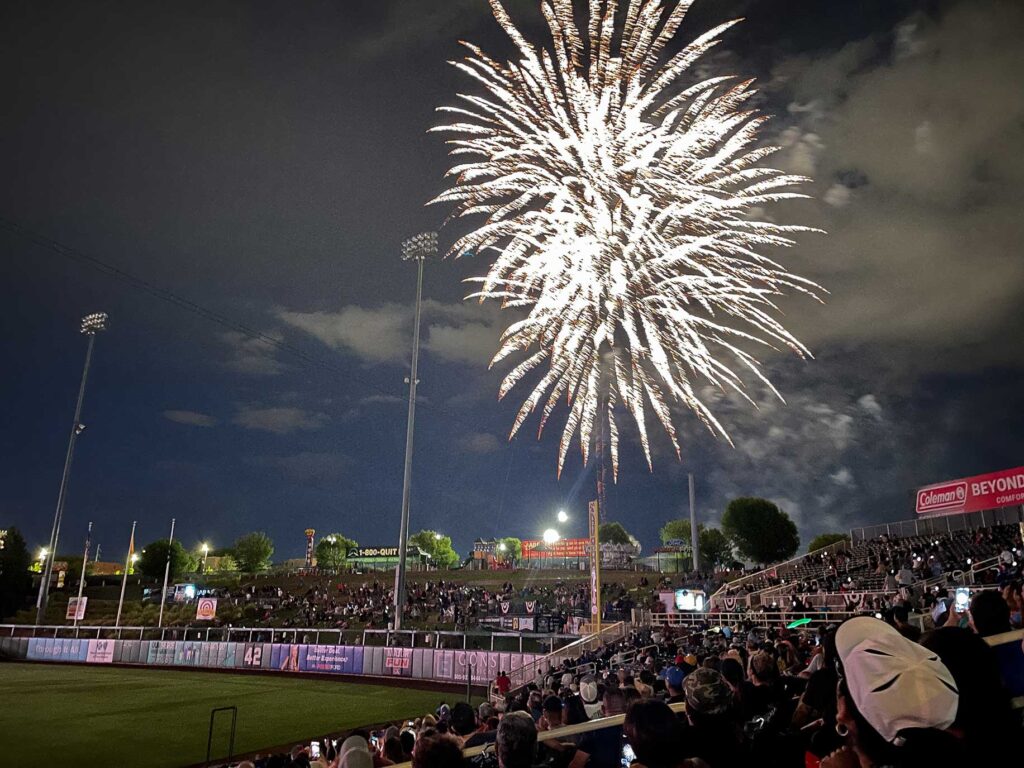 White fireworks over a baseball stadium