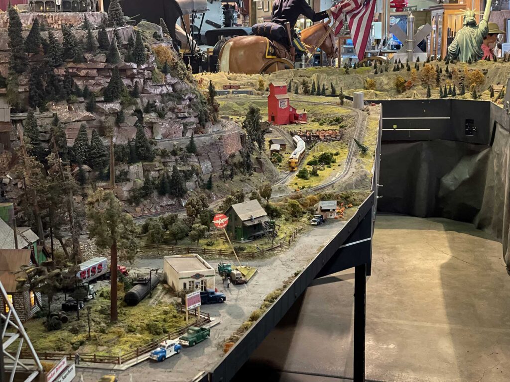 A mountain scene of a model railroad