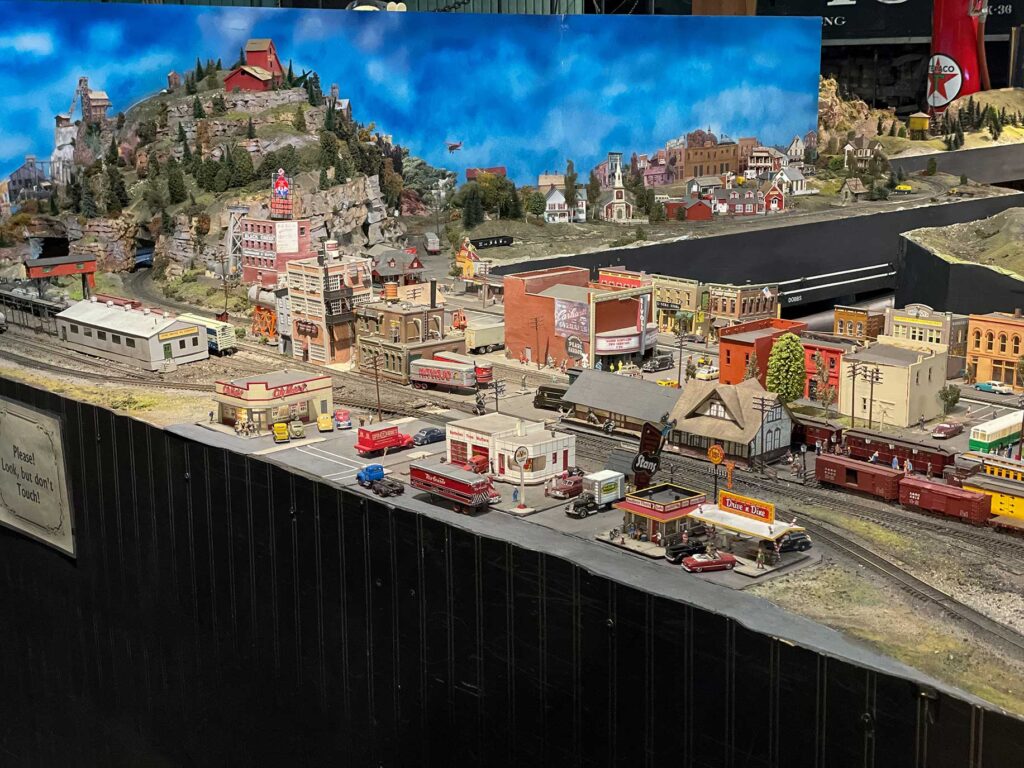 A town scene on a model railroad