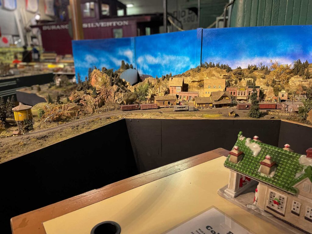 A mountain town scene on a model railroad