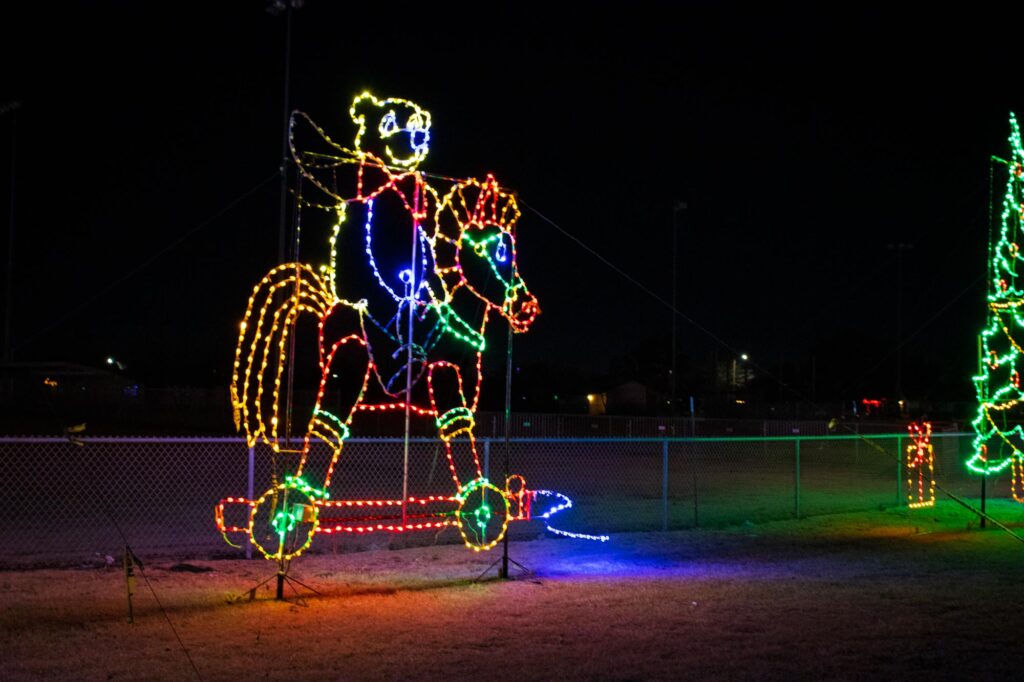 Colored lights in a park at night depicting a bear on a rocking horse