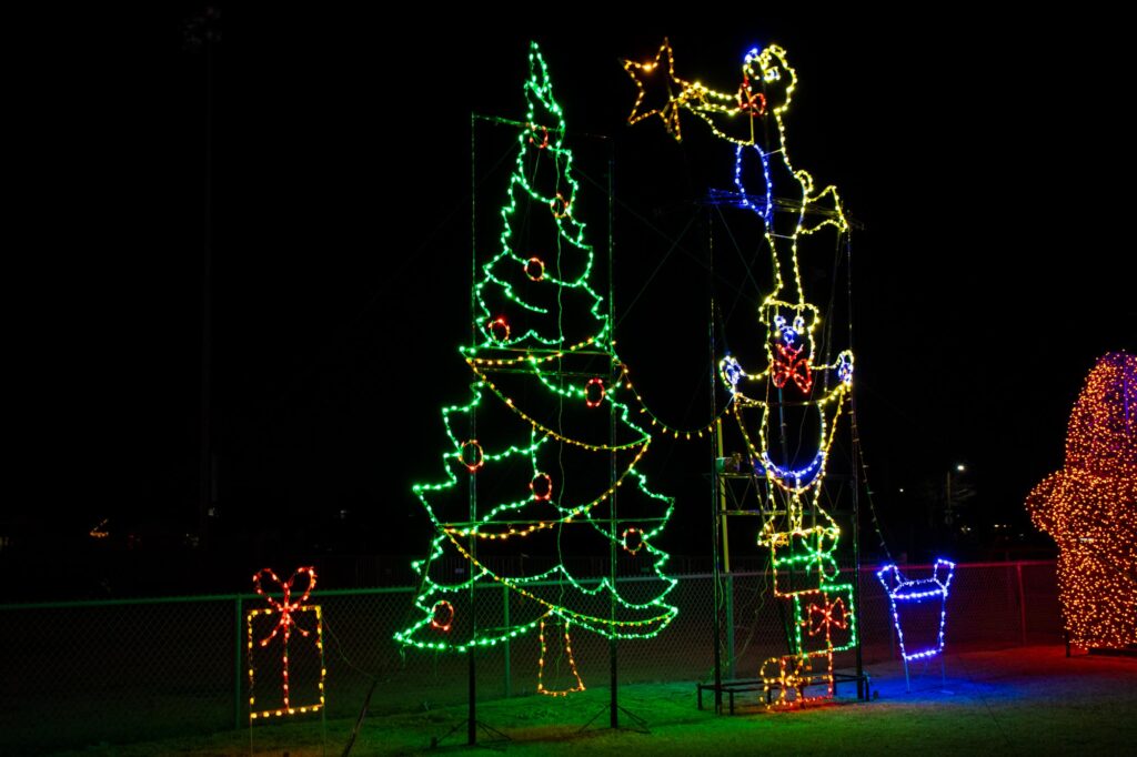 Colored lights in a park at night depicting bears trying to put a star at the top of a Christmas tree
