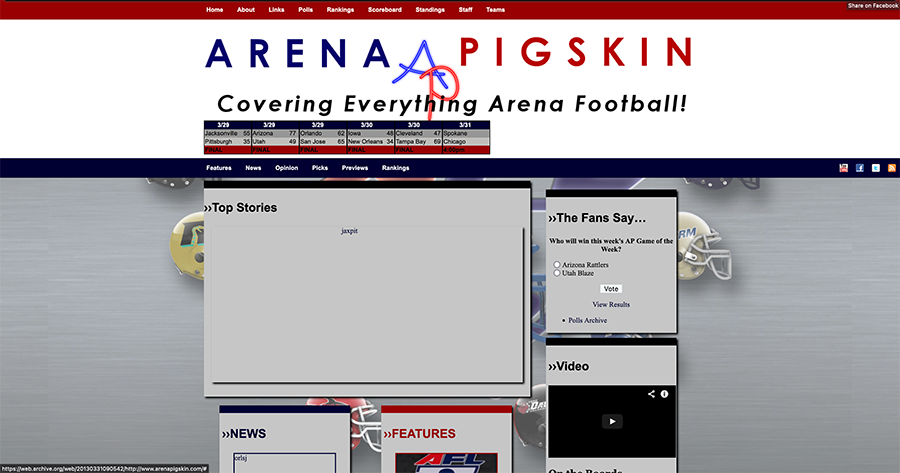 screenshot of the homepage for Arena Pigskin from 2013