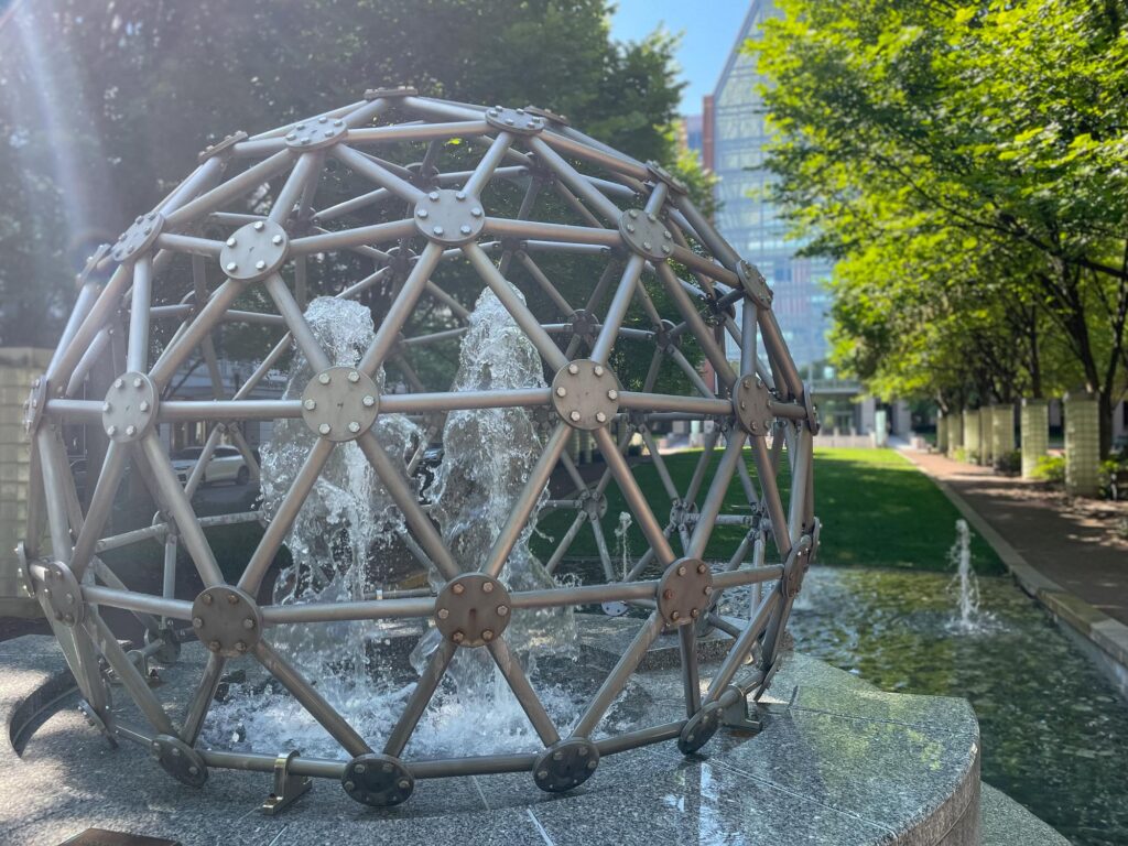A sphere with a water fountain inside