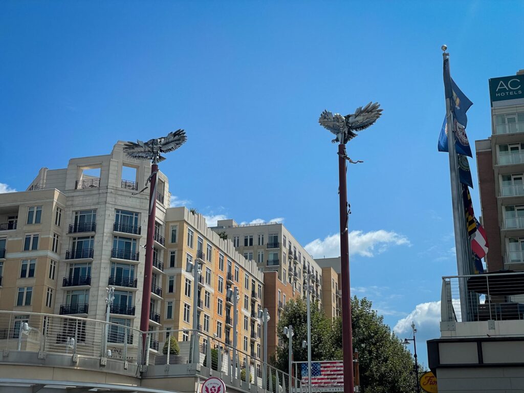 Two silver eagle statues on poles