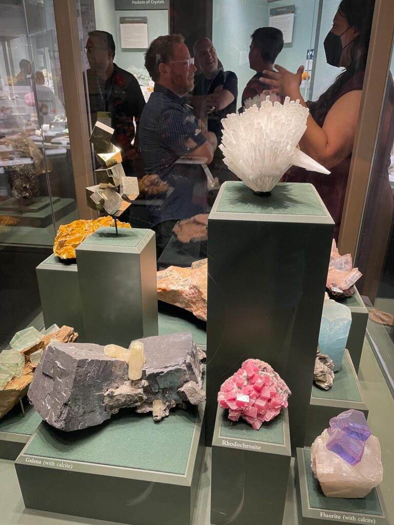 various large gemstones in a glass case in a museum exhibit