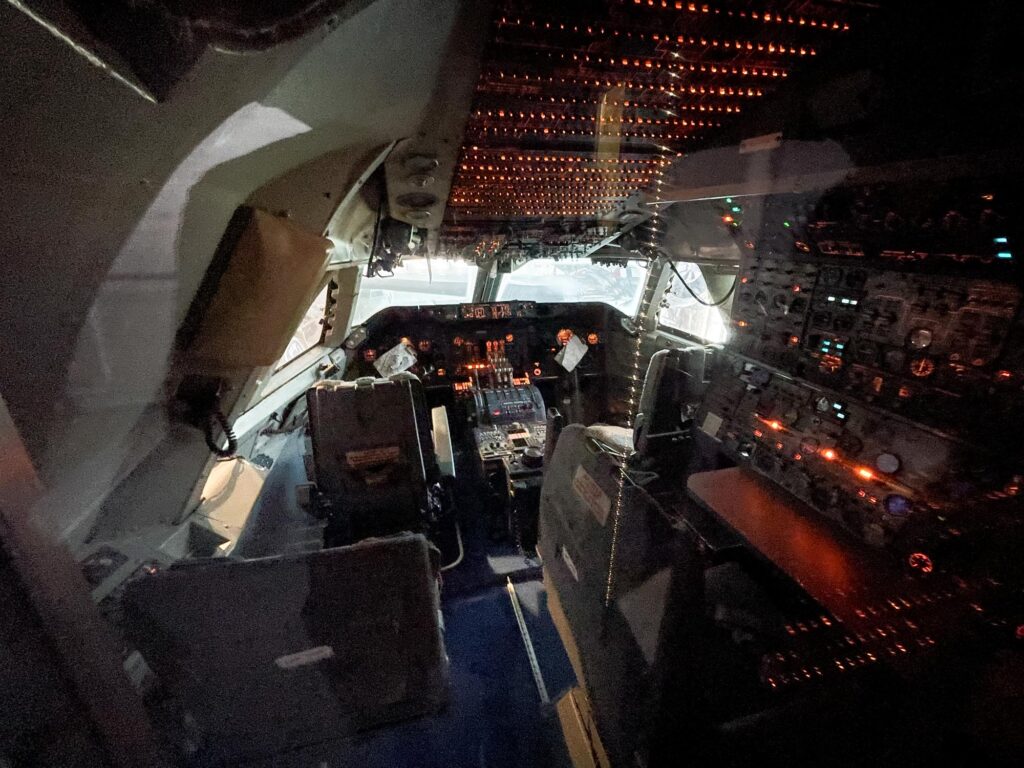 The inside of the cockpit of a Boeing 747 airplane