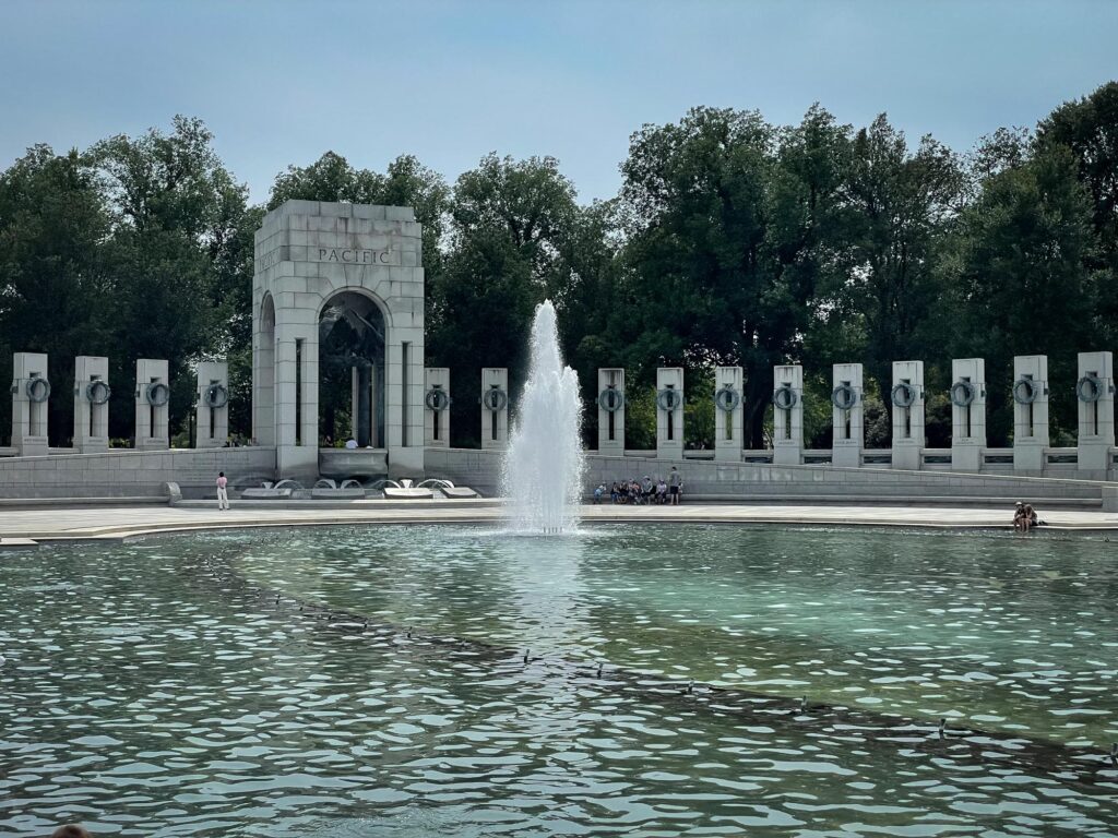 The World War II Memorial water fountain and pool