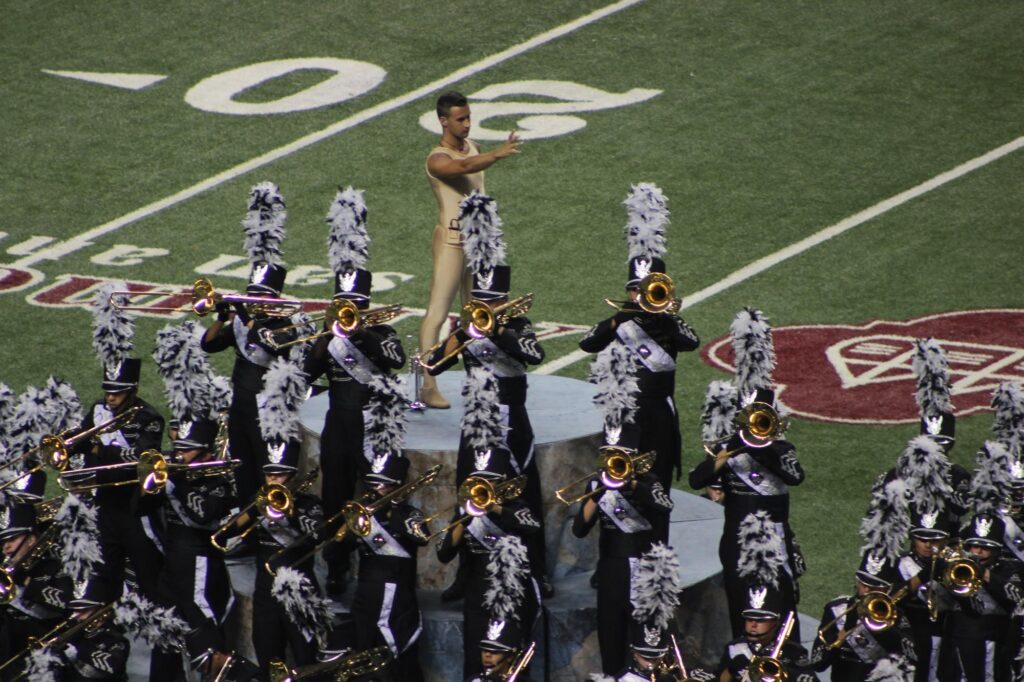 A drum corps performing on the field