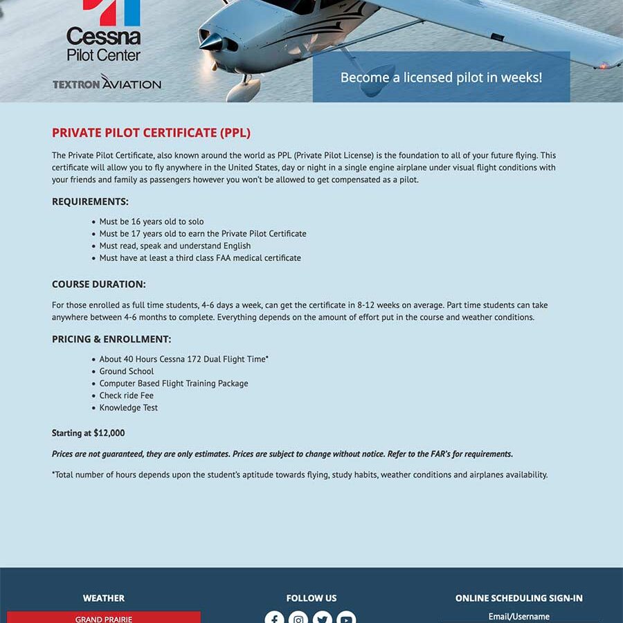 Screenshot of the Private Pilot Certificate page for Skymates