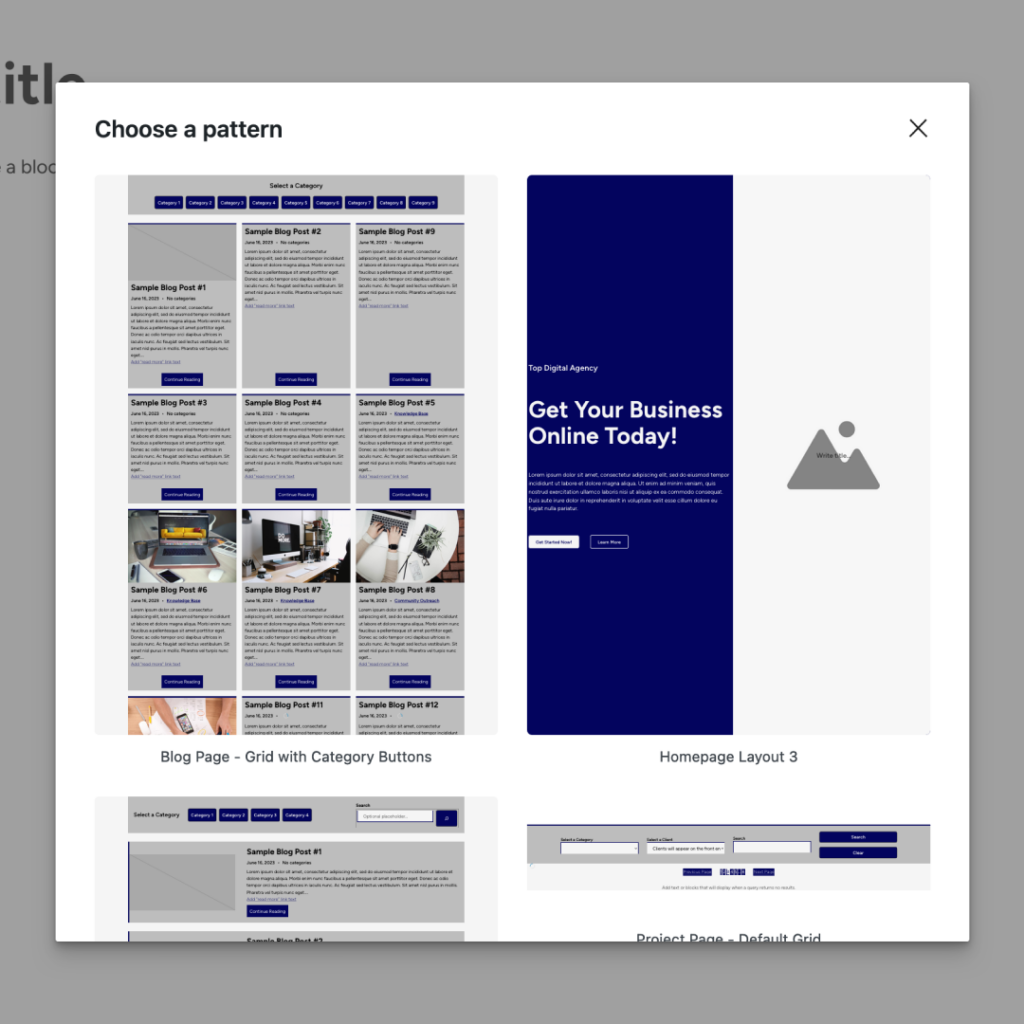 Screenshot of page patterns for the Agency Anchor theme