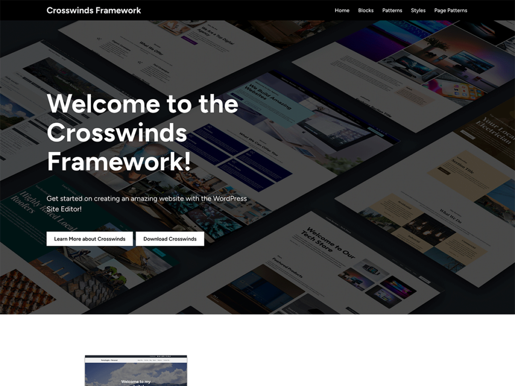 Screenshot of the front page for the Crosswinds Framework demo site