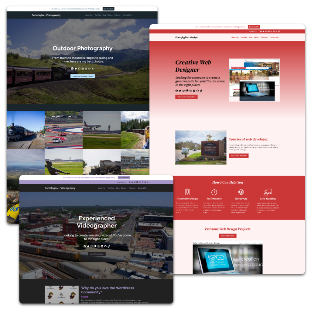 Screenshots of different homepages for the Portafoglio WordPress theme