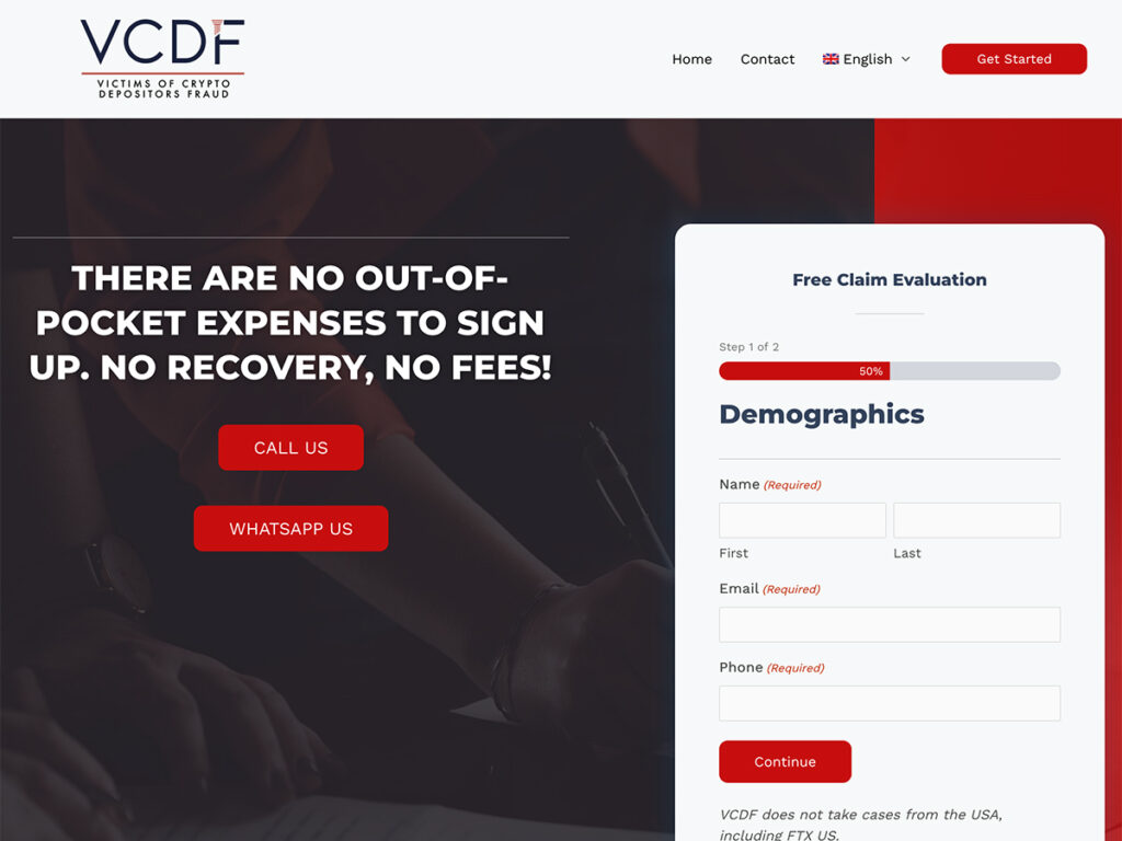 Screenshot of the Victims of Crypto Depositors Fraud homepage in English