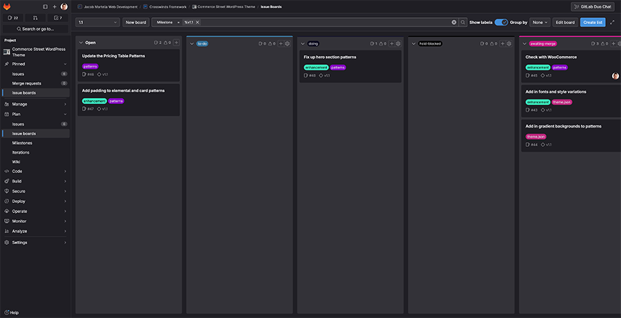 screenshot of an issue board in GitLab for a project