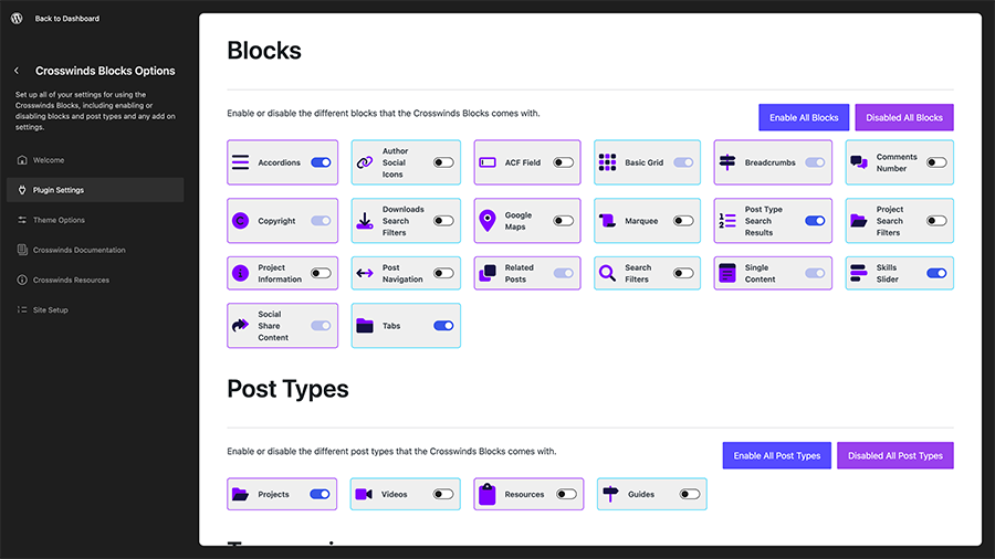 screenshot of the Crosswinds Framework plugin settings screen