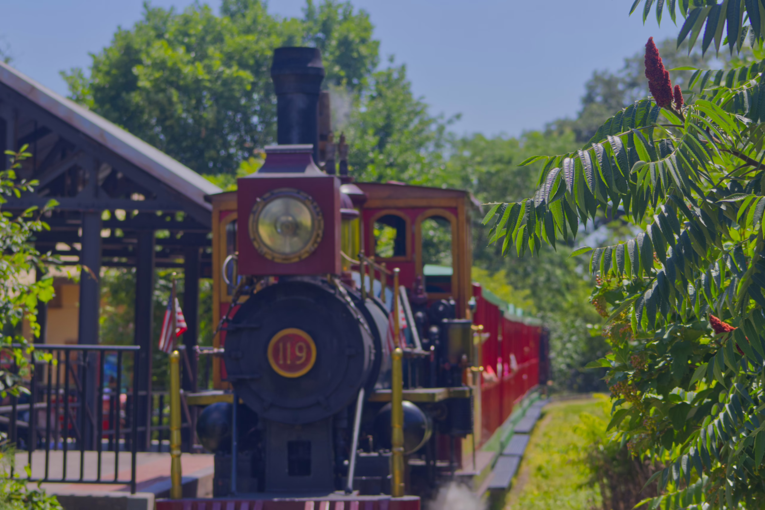 The front of a red and black miniature steam train, number 119, is shown stopped at a station with its bright headlamp illuminated.